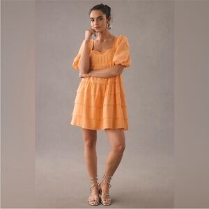 Anthropologie Light Orange Babydoll Puff Sleeve Mini Dress